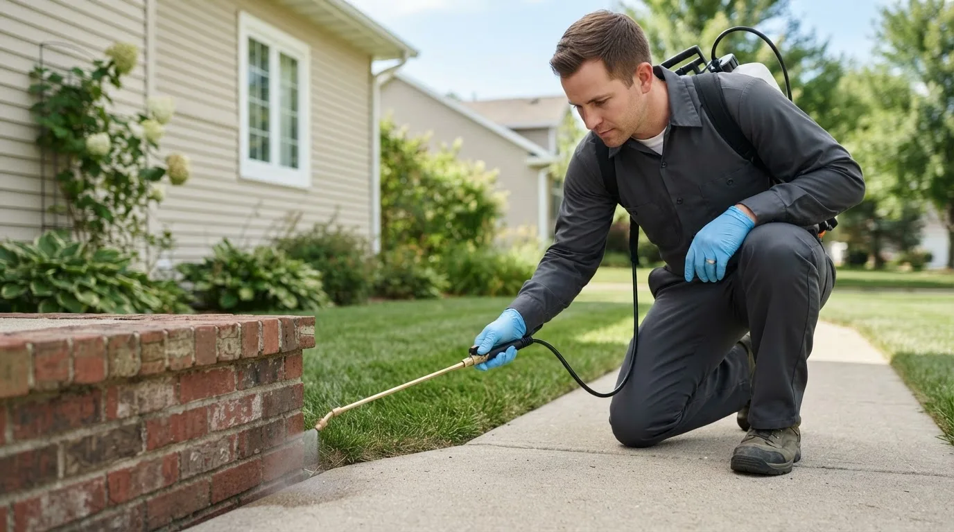 Pest control technician treating a home near Pittsford, VT