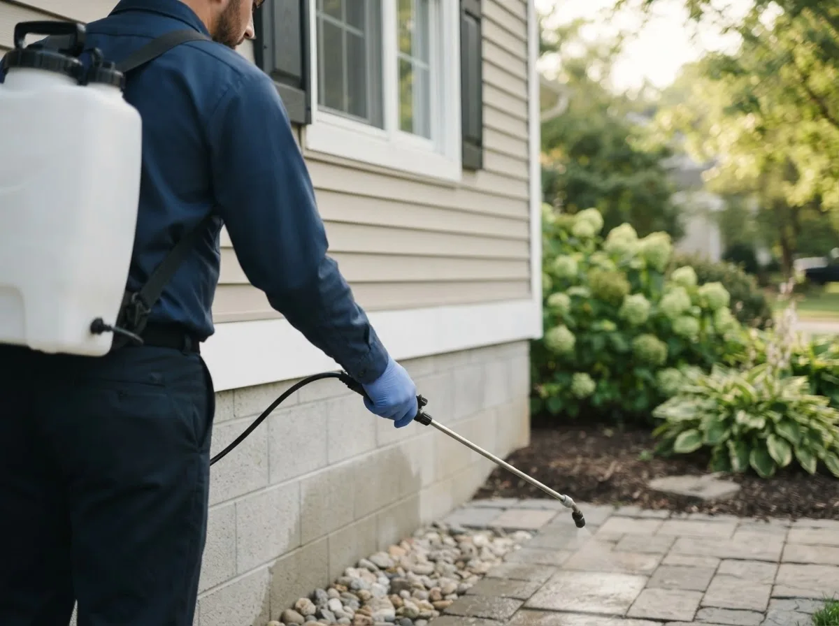 Pest control technician inspecting a home in Pittsford, VT
